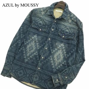 AZUL by MOUSSY アズール マウジー 長袖 ネイティブ柄 インディゴ★ スウェット デニム ワーク シャツ Sz.M　メンズ　C3T10176_B#C