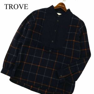 TROVE トローヴ 秋冬 長袖 ウール★ チェック バンドカラー ポロシャツ Sz.3　メンズ ネイビー 日本製　C3T10200_B#E