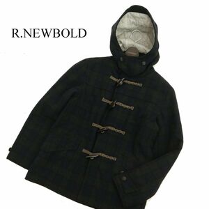 R.NEWBOLD ポールスミス 秋冬 メルトンウール★ チェック 中綿 フーディー ダッフル コート Sz.L　メンズ 緑×ネイビー　C3T10444_B#N