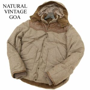 NATURAL VINTAGE GOA ゴア 牛革 レザー ヨーク切替★ ウール ツイード フーディー ダウン ジャケット Sz.2　メンズ　C3T10384_B#N