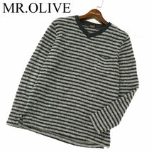 MR.OLIVE ミスターオリーブ 秋冬 長袖 ウール★ ボーダー ニット ポケット カットソー ロンTシャツ Sz.M　メンズ グレー　C3T10409_B#K_画像1