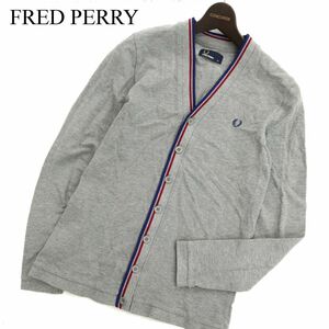 FRED PERRY フレッドペリー 通年 ロゴ刺繍★ 鹿の子 羽織り ライン カーディガン Sz.XS　メンズ グレー　C3T10451_B#F