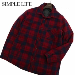 SIMPLE LIFE シンプルライフ レナウン 秋冬 ウール 長袖 ダウン★ シャツ ジャケット Sz.L　メンズ 赤 × ネイビー　C3T10627_B#N