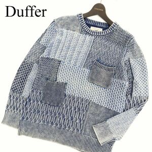 21AW Duffer ダファー ウォッシュ加工★ インディゴ パッチワーク 切替 クルーネック ニット セーター Sz.M　メンズ　C3T10695_B#K