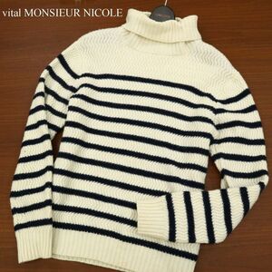 vital MONSIEUR NICOLE ムッシュ ニコル ウール★ ヘリンボーン ボーダー タートルネック ニット セーター Sz.46　メンズ 白　C3T10686_B#K