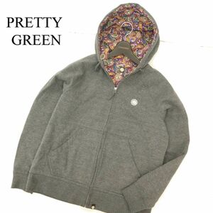 PRETTY GREEN プリティグリーン ロゴ刺繍★ ペイズリー柄使い スウェット 裏起毛 ジップ パーカー Sz.3　メンズ 灰 トルコ製　C3T10709_B#N