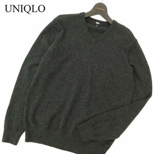 UNIQLO ユニクロ 秋冬 高級!! カシミヤ100％★ Vネック ニット セーター Sz.L　メンズ グレー　C3T10701_B#K