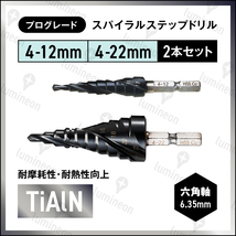 ステップ ドリル スパイラル ステンレス用 チタン 4-12mm 4-22mm セット ビット ドリル 刃 鉄工 用 金属 六角軸 穴あけ タケノコ g031d_画像1