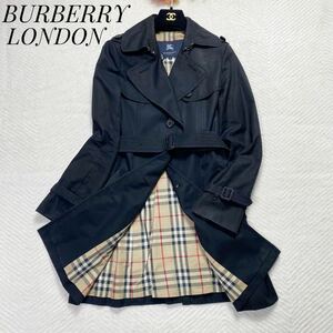 美品 BURBERRY LONDON バーバリーロンドン トレンチコート ノバチェック ベルト付き 大きいサイズ 40 Lサイズ ブラック 黒 ロング丈 総柄