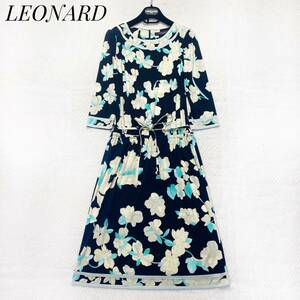 極美品 LEONARD レオナール ロングワンピース カンカン素材 花柄 総柄 ウエストリボン トリムデザイン 38 Mサイズ ベルト ロゴ金具 近年物