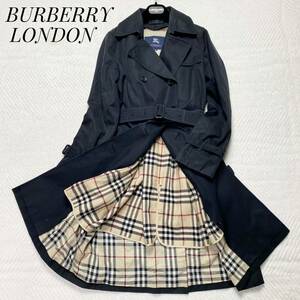 美品 BURBERRY LONDON バーバリーロンドン トレンチコート ロング丈 ノバチェック ライナー付き ウエストベルト付き ブラック 黒 36 M相当