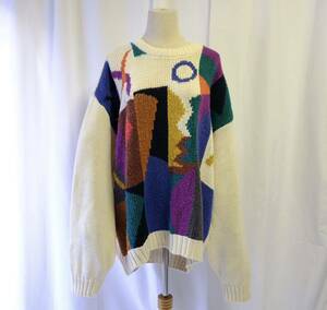 【1980s】ビンテージ　オーバーサイズ デザイン　コットンニット セーター　アート　幾何学模様　古着屋　海外仕入れ　ピカソ