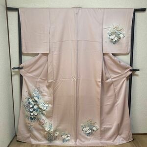 着物　訪問着　正絹　春夏秋冬　菊　花　スモークピンク　　　着丈159cm 裄丈60cm 1113-7w