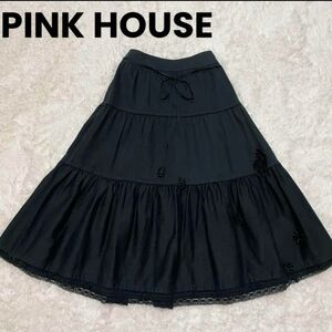 美品　ピンクハウス　PINK HOUSE　フラワーリボン付き　裾レース　ティアード　スカート　ブラック