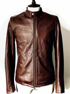 美品 美色ブラウン grand global leathers上質（牛革）スムースカウハイドレザー シングルライダース ジャケット 38 M
