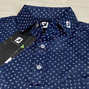 新品★FootJoy フットジョイ ドット調総柄 吸汗速乾 4WAYストレッチ 長袖ポロシャツ★ネイビー★サイズXL★送料185円