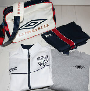 ■アンブロ UMBRO ジャージ上下 トレーナー＆エナメルバックおまけの４点セット■白×紺×赤■ワッペン付きＭ～Ｌサッカートレーニング部活