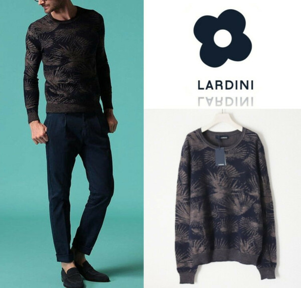 41,800円新品タグ付き【LARDINI ラルディーニ】綿麻絹 ジャガード クルーネック セーター 紺 52(L相当) v4086