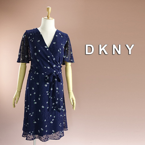 新品 DKNY 14W/21号 ダナキャラン 紺 花柄 ワンピース パーティドレス 半袖 大きいサイズ 結婚式 二次会 披露宴 フォーマル 葵38E2904