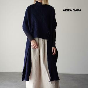  beautiful goods AKIRANAKA Akira naka deformation knitted ta-toru neck cable knitted wool cape 38. minute sleeve black p height navy made in japan