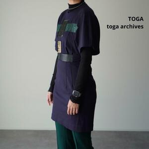 美品 TOGA ARCHIVES トーガ ワンピース ネイビー ビジュー チュニック ストーン装飾 リネンブレンド アワーグラス カットソー レイヤード