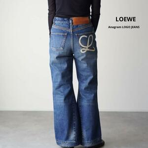 美品 LOEWE ロエベ デニムパンツ バックロゴ アナグラム 36 ジーンズ ブーツカットロゴプリント 再構築 オレンジステッチ ハイウエスト