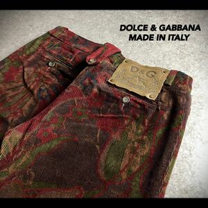 ITALY製 DOLCE & GABBANA ドルチェアンドガッバーナ ペイズリーライクフラワープリント 総柄 レザーロゴパッチ コーデュロイパンツ 伊製