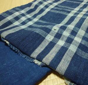 【古古布】手織り格子と藍染無地　木綿布団地5幅　擦れ味良し
