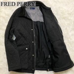 【美品】FRED PERRY フレッドペリー キルティング 中綿 コート ジャケット ロゴ チェック柄 コーデュロイ ボタン メンズ ゴルフ グレー L