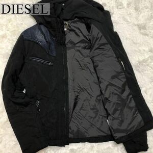 【美品】DIESEL ディーゼル 【お洒落ダウン】ダウンジャケット フード 2way デニム 中綿 プレート 切替 羽織 メンズ ブラック 黒 サイズM