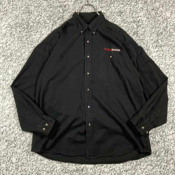 【90sオールド】刺繍企業ロゴ　ビンテージL/S BDコットンシャツ　ブラック　XLサイズ 古着　長袖シャツ ワークシャツ