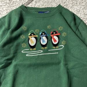 【90sオールド】ペンギン刺繍デザイン　レディーススウェット　グリーン　Sサイズ ビンテージ古着