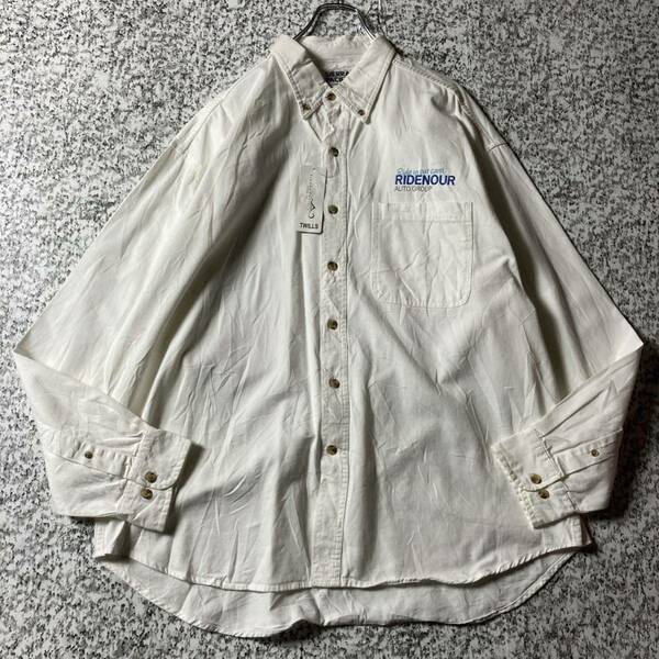 【90sデッドストック】刺繍企業ロゴ　BDビンテージL/Sコットンシャツ　ホワイト　XLサイズ 長袖シャツ ワークシャツ　古着