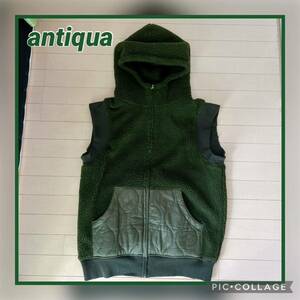 ★USED★antiqua フード付き ボアベスト ベスト レディース メンズ アウター カーキ コート フリーサイズ 男女兼用 アンティカ 正規店購入