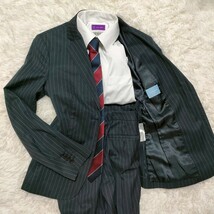 【1円スタート】 美品 THE SUIT COMPANY ザ スーツ カンパニー セットアップ ストライプ ブラック 40号 Lサイズ相当 大きいサイズ パンツ_画像1