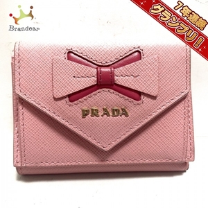 プラダ PRADA 3つ折り財布 1MH021 - サフィアーノレザー ピンク リボン/ミニウォレット 財布