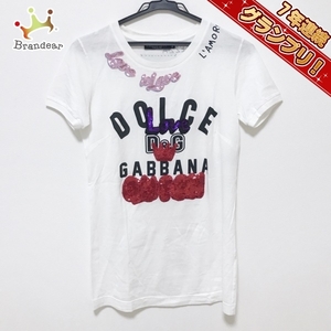 ドルチェアンドガッバーナ DOLCE&GABBANA 半袖Tシャツ サイズ36 S - 白×黒×マルチ レディース クルーネック/スパンコール トップス