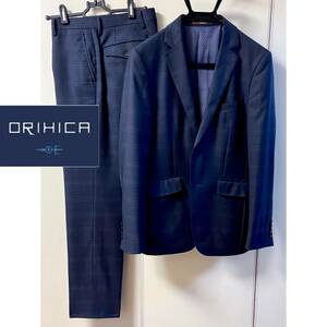 送料無料【ORIHICA】Limited Slim スーツ（Y5体, W78）0タック シャイニーストレッチ ネイビー グレンチェック 10month スリム skinny/即決