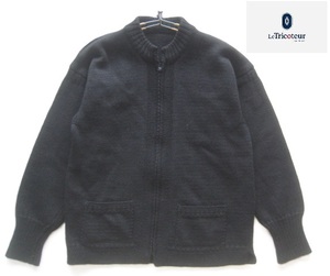 極上イギリス製!!ルトリコチュール LE TRICOTEUR*Guernsey Zip Cardigan ウールニットジップカーディガン・ドライバーズニット 黒 実寸M