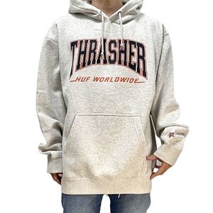 新品 HUF ハフ THRASHER スラッシャー コラボ サンフランシスコ ジャイアンツ カラー ベースボール ロゴ カレッジ パーカー ヘザーグレー M