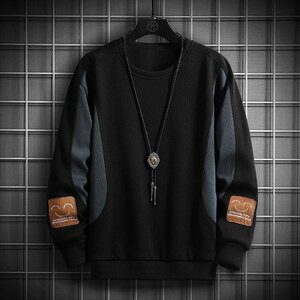 メンズトレーナー メンズ　トップス　ロンt　長袖　春 秋冬 インナー スウェット ワッペン　ブラック　5XL