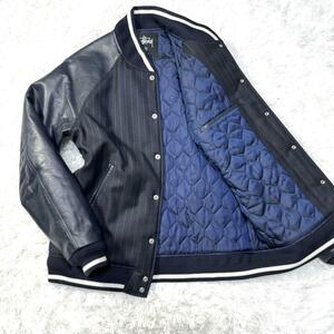 未使用品 STUSSY Fragment スタジャン XL メンズ Varsity Jacket Navy ジャケット レザー 藤原ヒロシ ステューシー フラグメント