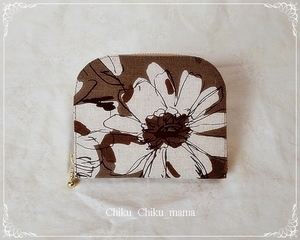 $ 線描き風＊モダンフラワー＊ミニ財布♪ Mocha＊Brown / ICカード*パスケース $　≪ハンドメイド≫