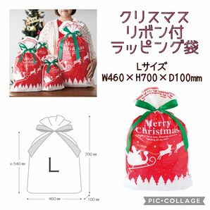 クリスマス Xmas リボン付 ラッピング袋 アカ Lサイズ 1枚 ＋ シール クリスマスプレゼント クリスマスラッピング