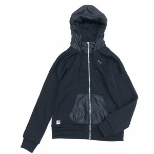 ●美品 PUMA プーマ 切替デザイン ニット パーカー XL 黒 ブラック 長袖 裏起毛 ジャージ フーディ ジャケット LL 2L ゆったり 大きい