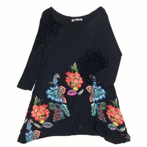 Desigual デシグアル 刺繍デザイン オープンネック チュニック カットソー XL 黒 ブラック 長袖 ワンピース ロンT LL 2L ゆったり 大きい