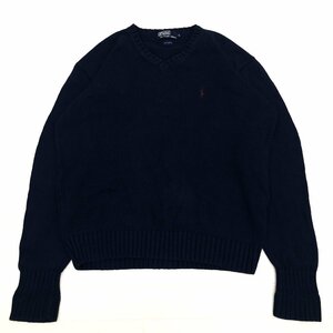 ●POLO RALPH LAUREN ラルフローレン ポニー刺繍 Ｖネック コットン ニット セーター L 濃紺 ネイビー ポロ 国内正規品 メンズ 紳士