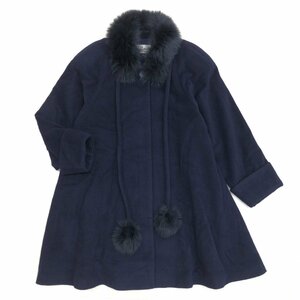 ◆Will ann ウィルアン 豪華フォックスファー アンゴラ100% コート 9(M) 濃紺 ネイビー セミロング フレアデザイン 日本製 レディース 婦人