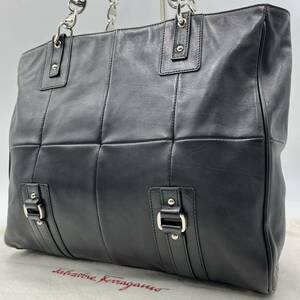 【極美品】Salvatore Ferragamo フェラガモ メンズ トートバッグ 肩掛け 大容量 A4 ビジネス ヴァラ オールレザー 本革 ブラック 黒