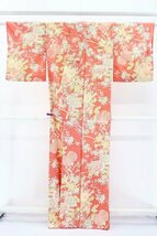 【着物フィ】小紋 牡丹 菊 ピンク色 身丈163cm 裄丈64cm 吉祥花 袷 正絹 お洒落 仕立て上がり m-5358_画像6